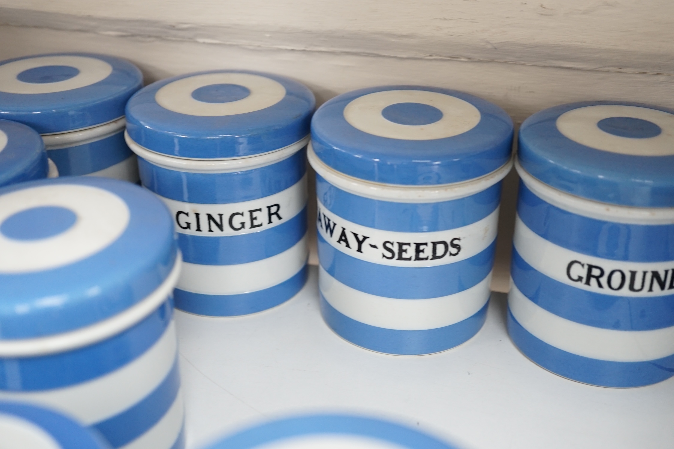 T.G.Green Cornish Kitchenware, thirteen 8.5cm lidded storage jars to include Ginger, Caraway-Seeds, Cream of Tartar, Cinnamon, Spice and Cloves, Black Shield marks, (lacks one lid and one a.f.) Condition - poor, fair and